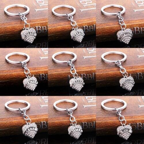 Grandma Best Friend Teacher Daughter Nana Sister Mom Keyring Clear Crystal Rhinestone Heart Pendant Keychain Family Party Gifts