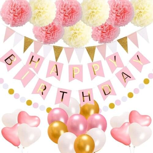 Pink&Gold Birthday Party Decorations Set Pom Poms Circle Garland Banner for First 1st Birthday Girl Princess Theme Baby Shower