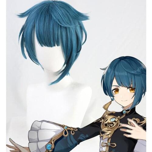 Genshin Impact XINGQIU Wig Cosplay Blue Short Heat Resistant Hair Women Halloween Role Play Genshin Impact Wig