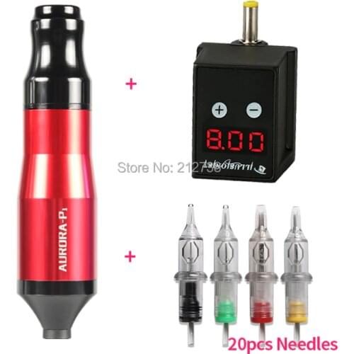 Permanent Makeup Rotary Aurora P1 Tattoo Machine with Wireless Mini Tattoo Power DC Connector Mix 20pcs Cartridge Needles