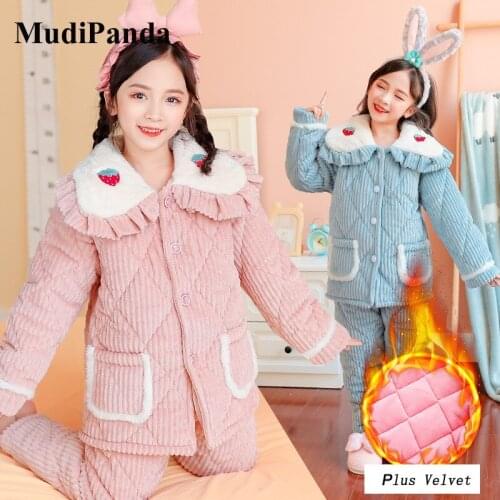 MudiPanda Girls Home Clothes Pyjamas Set Winter 2021 Cute Quality Enfant Flannel Pajamas Warm For Children Plus Velvet Thick