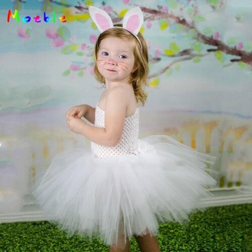 Handmade White Animal Cartoon Rabbit Girls Tutu Dress Easter Halloween Kids Party Dresses Girls Birthday Dance Princess Dresses