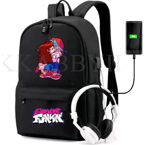 Friday Night Funkin Canvas Waterproof Anti-theft Laptop USB Backpack for Boys Girls Student School Backpack Men Women