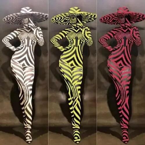 Sexy zebra costumes big hats green red black jumpsuits night club party cosplay costume performance stage tv show dance wear