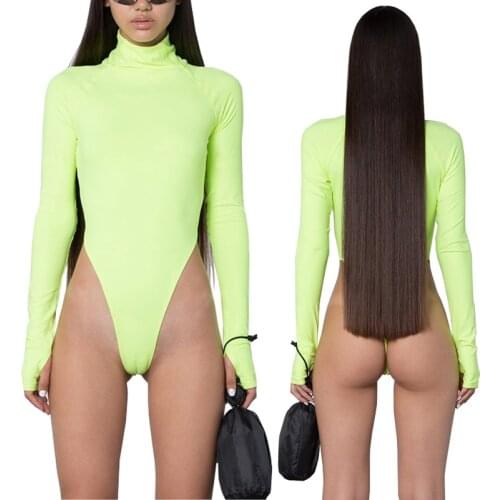 Spring Black Fluorescent Green Turtleneck Long Sleeve Bodysuit Women New Bodycon Rompers Skinny High Cut Out Thong Bodysuits 2XL