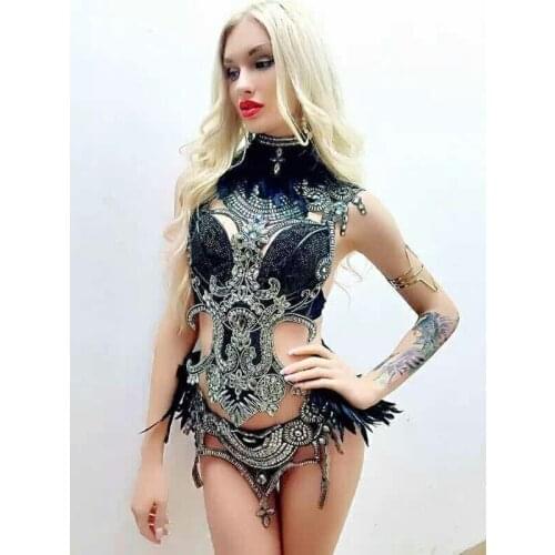 Bright Sequins Black Feather Bodysuit Stage Dancewear 4 Pieces Costume Female Singer Prom Wear Fashion Show Dj Outfit Clothing