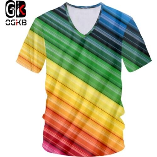 OGKB TShirts Summer New V Neck T-Shirts 3D Printed Colorful And Stripes And Lines 6XL Attire For woman Slim Fit T Shirts 2019