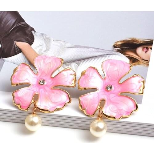 Trendy Summer Cute Pink Flower Earrings For Women Korean Style Girls Gifts Fashion Simulated Pearl Drop Earring Jewelry
