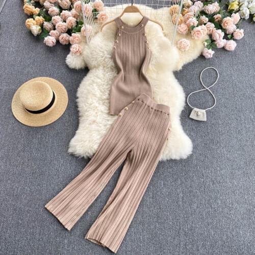 Women Two Pieces Knitted Tank Tops Female Bodycon Thin Camisoles Sleeveless Gold Buttons Solid T shirts Tees