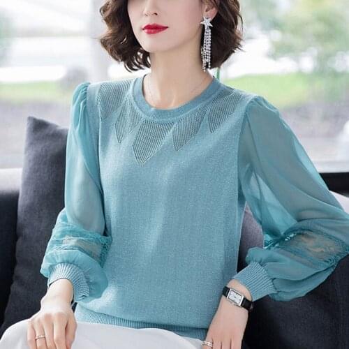 WWENN Women Autumn Knitted Sweater Ladies Sexy Lace Patchwork Long Sleeve Pullover Top Casual Winter Sweater Women Pink White