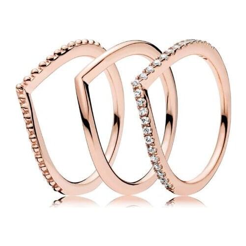 925 Sterling Silver Pandora Ring Rose Gold Wish Bone Ring Stack With Crystal For Women Wedding Party Gift Fashion Jewelry