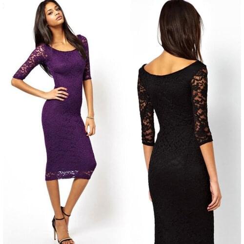New Summer Elegant Lace Dress Women Black Hollow Seven Sleeves O-Neck Slim Vetement Femme Purple Tight Wrap Desses Fashion Jurk