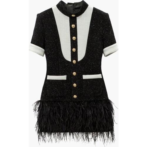 QUALITY Newest HIGH 2021 Stylisy Designer Dress Womens Short Sleeve Color Block Feather Embellished Tweed Dress