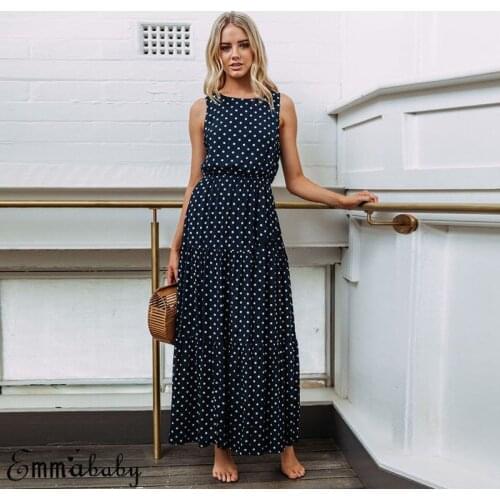 Bobo Women Evening Party Beach Dresses Summer Sundress Dark Blue Boho Loose Sleeveless Holiday Dot Print Long Maxi Dress