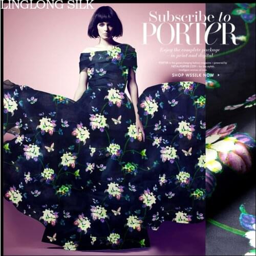 PRINT SILK ORGANZA SATIN FABRIC 14m/m Width 53"-135cm100%Silk Fabric Organza Vintage Dress Fabric Boats Pattern Dark Blue Flower