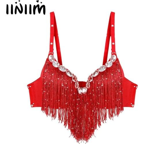 Womens Adult Belly Dancewear Clubwear Push-Up Bra Latin Sequin Tassel Rhinestone Bra Tops Hot Party Club Performance Costume