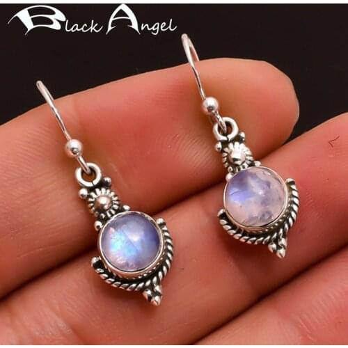 BLACK ANGEL Fashion 925 Sterling Silver Moonstone Gemstone Drop Earring for Women Bijoux Femme Jewelry Oorbellen Christmas Gift