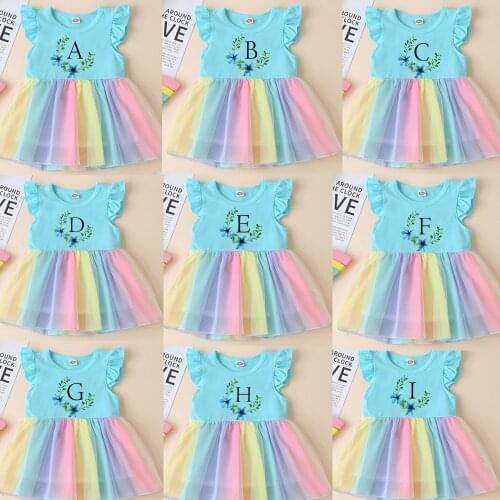 Monogram Initials girl Floral Dress Baby Girls rainbow dress Cotton Short Sleeve Floral Clothes Flower Print Kids Clothing