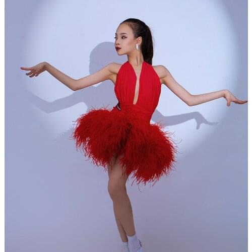 ChildrenS Latin Competition Dress Red Real Ostrich Hair Flower Clothes Performance Dress Chacha Samba Latin Dance Dress DN8755
