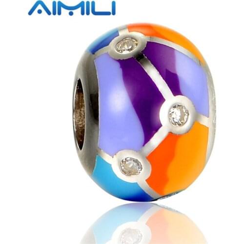 Mix Color Enamel Charms 925 Sterling Silver Round Crystal Beads Charms Fits Diy Snake Chain Bracelet Women Jewelry AMLD017H20