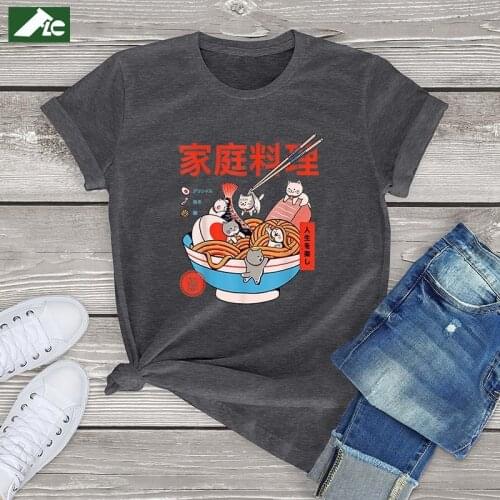 Cat Ramen And Mini Cat graphic t shirt Women Girl clothing summer 2021 Funny Japanese Noodle print Shirt kawaii cat fashion tops