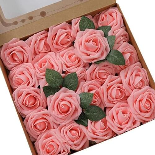25Pcs DIY Artificial Flowers Flowers With Rods And Leaves Gift Box Simulation Latex Foam Rose Home Garden Christmas Wreath Decor