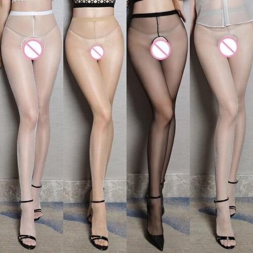 Hot Sexy Oil Shiny Open Crotch Stockings for Women Transparent Smooth Glitter Ultra Thin Pantyhose High Elastic Glossy Tights