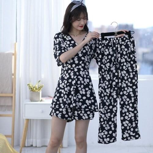 3PCS 2020 Summer Short Sleeve Long Pants Shorts Kimono Pajama Sets Women Print Sleepwear Suit Homewear Pijama Mujer Home Clothes