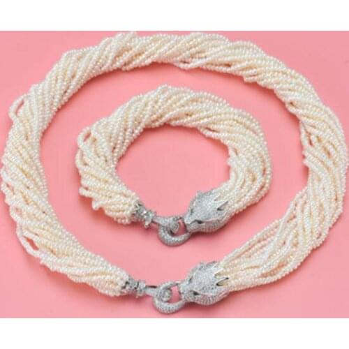 10row natural color fresh water pearl 3-4mm 925 DIY leopard head button pearl bird exquisite necklace bracelet set