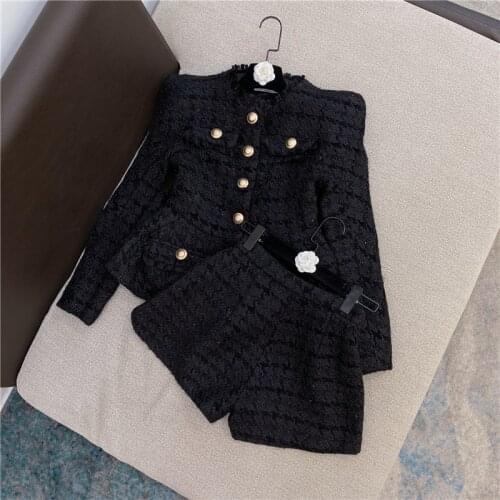 Two Piece Tweed Sets for Women Slim Waist Woolen Jacket Coat + Shorts Female Lady