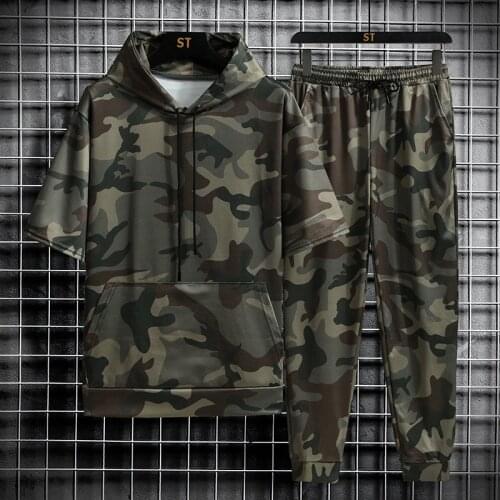 Spring Summer New Camouflage Mens Suit Sports Fitness Short Sleeve Hoodie+Trousers Men 2 Pieces Casual Outdoor Fashion Shorts
