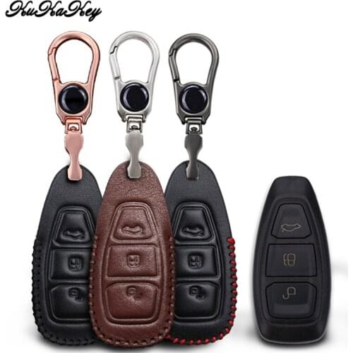 Leather Car Key Case Cover with Metal Keychain Key Case For Ford Fiesta Focus 2 Kuga Eco sport Mondeo 4 Car Interior Accessories