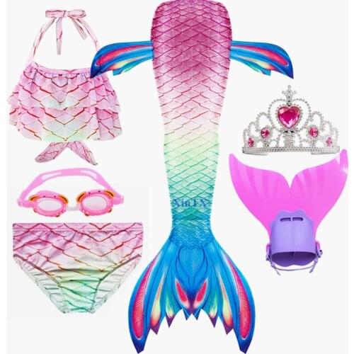 6Pieces Girls Mermaid Tails For Swimming Bikini Bathing Suit Dress for Girls With Flipper Monofin Bating Suit Goggle with Crow