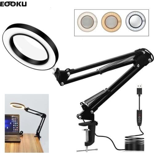 EOOKU Table Lamp LED Light USB 5x Magnifying Glass Flexible Rocker 3 Colors Energy Saving Eye Protection Reading Welding Beauty