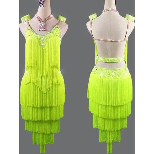 Latin Dance Dress Fashion Fluorescent Color Tassel Shiny Rhinestones Competition Dresses Salsa Rumba Chacha Samba Wear DN6125