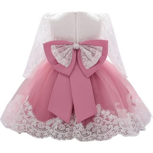 Girl’s Casual Long-sleeved Dress Fashion Hollow Lace Mesh Yarn Stitching Bow Children’s A-line Princess Dress