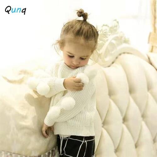 Qunq White Girls Sweaters 1 2 3 4 5 Year Baby Chunky Knit Hairball Sweater New Fall Winter Toddler Kids Outerwear Tops Clothes