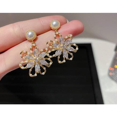 RZ057 925 Silver Needle Personality Earrings Pearl Diamond Flower Earrings