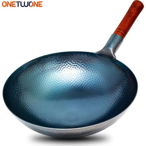 Traditional Chinese wok, Cast Iron Cookware Carbon Steel Round Bottom Wok,Beech Wood Anti-scald Handle, for Kitchen Gas Stove