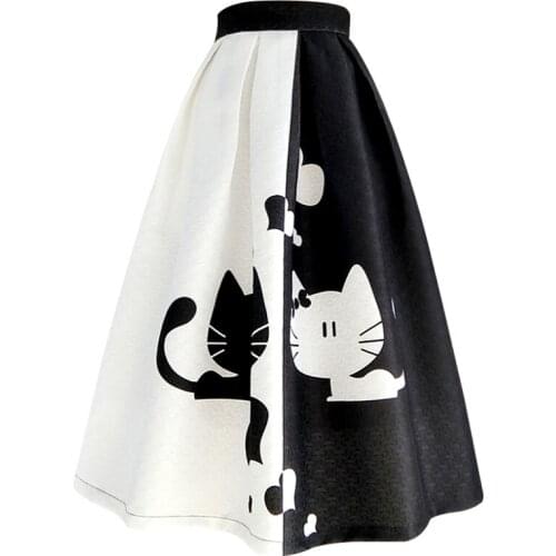 Hit Color spring summer black and white cartoon knee length skirt women high waist Jacquard ball gown skirt