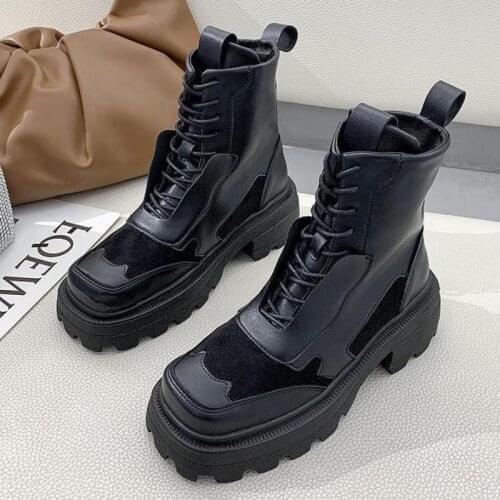 2020 Square Heels Platform Autumn Winter Shoes Ankle Boots Women Motorcycles Boots Cross-tied Chelsea Boots Square Toe