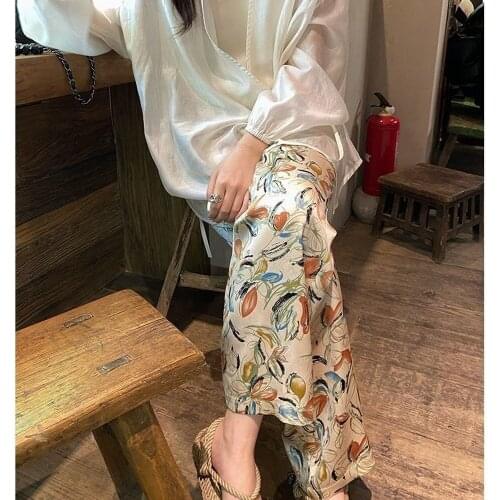 Japanese Style Flower Pattern Womens Wide-leg Pants, Casual Pants, Thin High-waisted Straight-leg Pants, Large-size Loose Pants