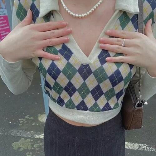 Women Polo Neck Argyle Crop Jumper Knit Crop Top A566