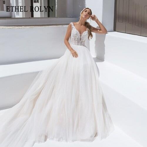ETHEL ROLYN A-Line Wedding Dress 2021 Charming Backless Sparkly Beaded Lace Appliques Bride V-Neck Sleeveless Beach Bridal Gown