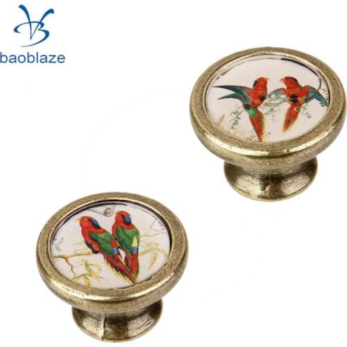 2 Pieces Antique Brass Cabinet Drawer Round Pulls Wardrobe Cabinet Door Cupboard Knob Handle Colorful Birds Pattern