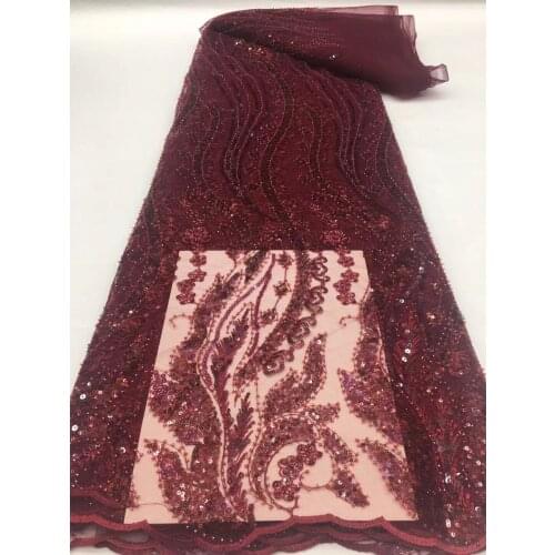 African Lace Fabric 2021 High Quality Lace Sequins French Net Lace Tulle Mesh Fabrics Lace beads Wedding Fabrics wine