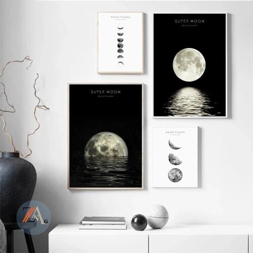 Moon Lake Surface Black And White Nordic Poster Canvas Printing Cuadros Wall Art Decoration For Modern Home Room Decor Pictures