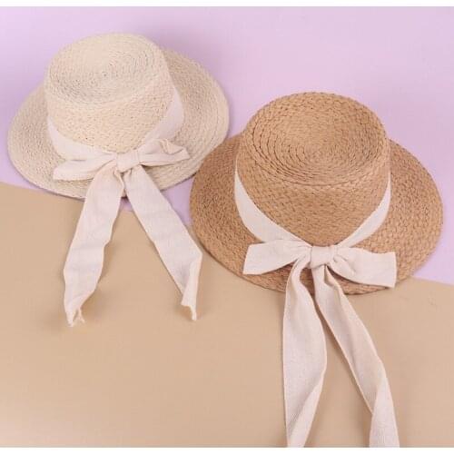 Childrens Big Brim Raffia Straw Hat Sweet Summer Sun Hat Beach Straw Cap Big Brim Bow Flat Straw Hat Girls Beach Hat Girl Hats