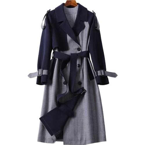 Long Women Windbreaker Spring Autumn Slim Trench Coat Female Plaid Splice Windbreakers Womens Double breasted Overcoat Belt Coat