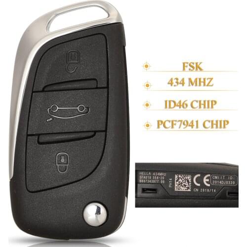 Kuttery 3 Buttons Flip Remote Car Key Fob FSK 434MHZ PCF7941 ID46 Chip For Citroen C4 C-Elysee C3xr